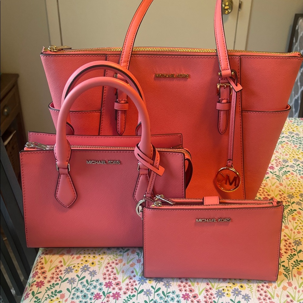 Michael Kors Coral-Pink Tote, Satchel & wristlet wallet Set